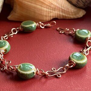 Boho Ceramic Bead Bracelet Copper Swirl Boho Handmade Jewelry Green